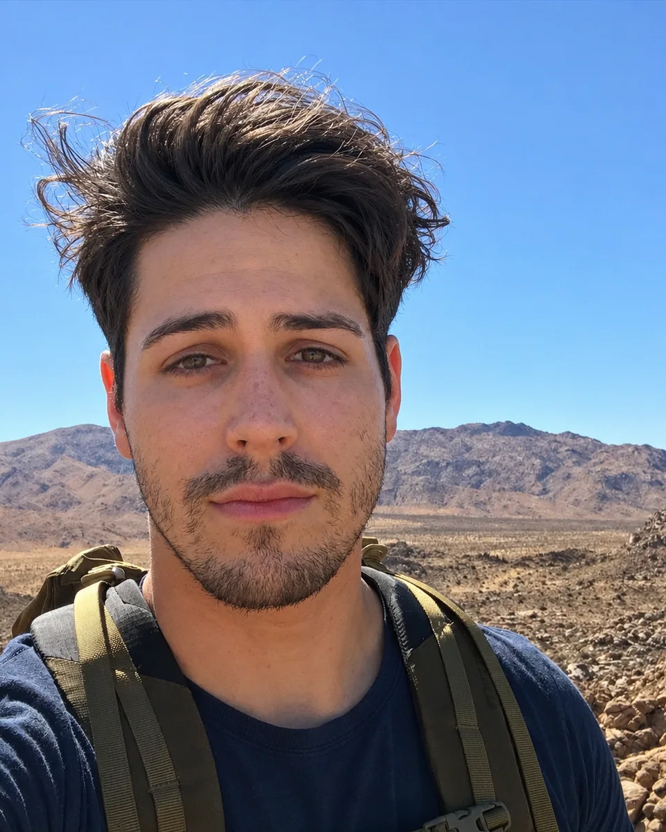 Jack, co-founder of GoJumpingJack, hiking in a desert mountain landscape.